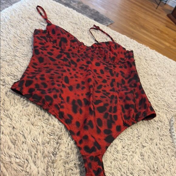 Superdown Red and Black Animal Print Bodysuit - Picture 1 of 7
